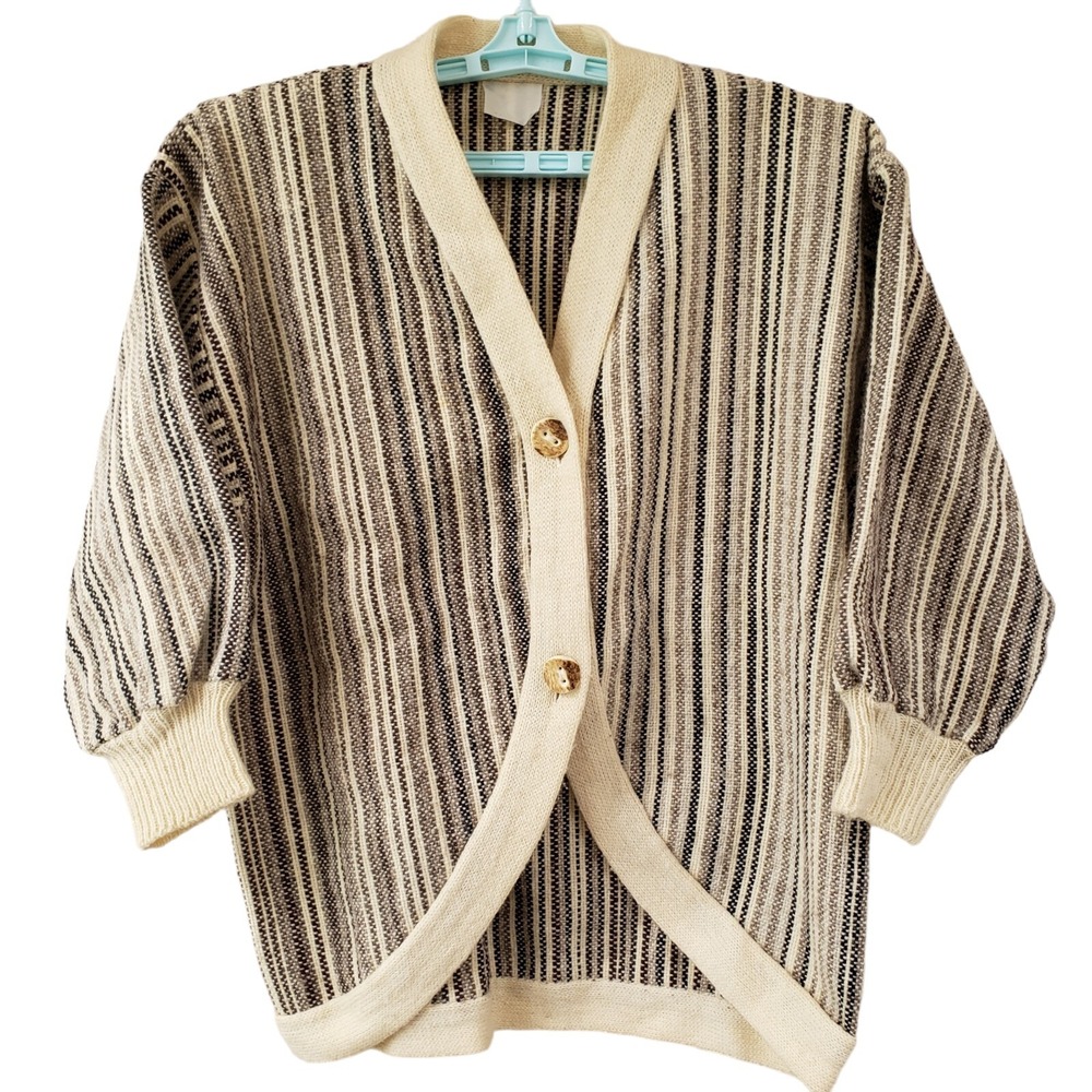 Vintage Oversized Small Brown Stripe  Wool‎ Alpaca Cardigan Double Button **